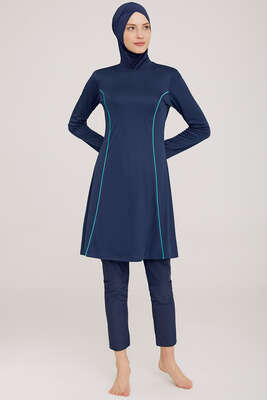 Pazarium - Yanı Çizgi Detaylı Tesettür Mayo Açık Lacivert