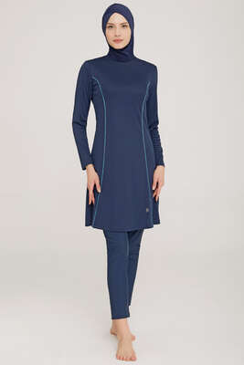 Yanı Çizgi Detaylı Tesettür Mayo Açık Lacivert - Thumbnail