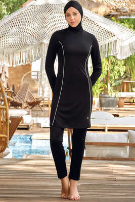 Pazarium - Yanı Çizgi Detaylı Tesettür Mayo Siyah