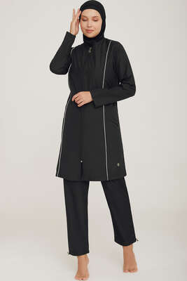 Pazarium - Metal Armalı Fermuarlı Tesettür Mayo Siyah