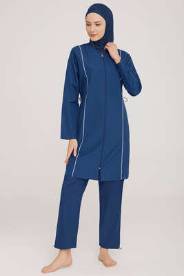 Pazarium - Metal Armalı Fermuarlı Tesettür Mayo Koyu Lacivert