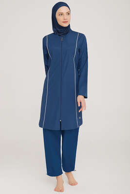 Metal Armalı Fermuarlı Tesettür Mayo Koyu Lacivert - Thumbnail