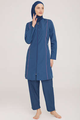 Pazarium - Metal Armalı Fermuarlı Tesettür Mayo Açık Lacivert