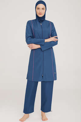 Metal Armalı Fermuarlı Tesettür Mayo Açık Lacivert - Thumbnail