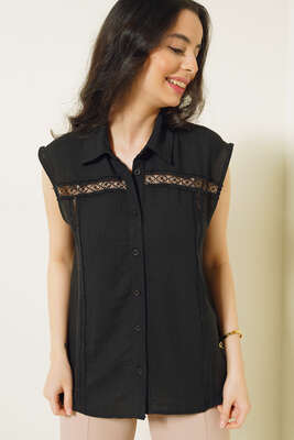 Önü Dantel Sıfır Kol Gömlek Siyah - Thumbnail