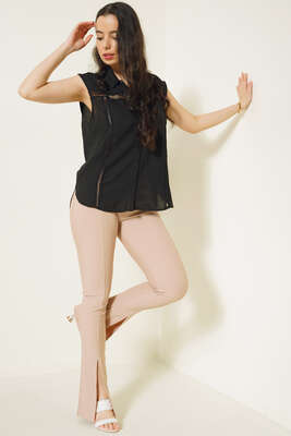 Önü Dantel Sıfır Kol Gömlek Siyah - Thumbnail