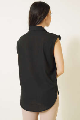 Önü Dantel Sıfır Kol Gömlek Siyah - Thumbnail