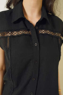 Önü Dantel Sıfır Kol Gömlek Siyah - Thumbnail