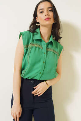 Önü Dantel Sıfır Kol Gömlek Yeşil - Thumbnail