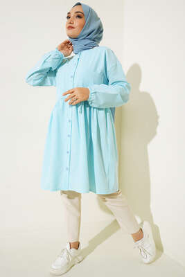 Çizgili Çift Cepli Gofre Gömlek Turkuaz - Thumbnail