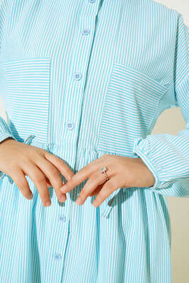 Çizgili Çift Cepli Gofre Gömlek Turkuaz - Thumbnail