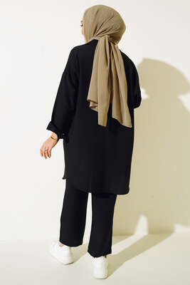 Çift Cepli Keten Ayrobin Takım Siyah - Thumbnail