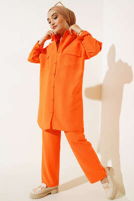 Çift Cepli Keten Ayrobin Takım Oranj - Thumbnail