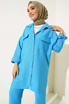 Çift Cepli Keten Ayrobin Takım Mavi - Thumbnail