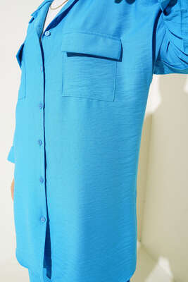 Çift Cepli Keten Ayrobin Takım Mavi - Thumbnail