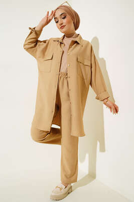 Çift Cepli Keten Ayrobin Takım Camel - Thumbnail