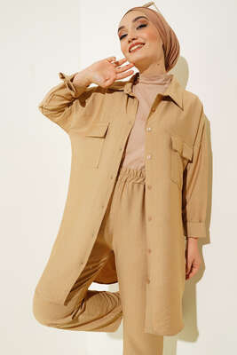 Çift Cepli Keten Ayrobin Takım Camel - Thumbnail