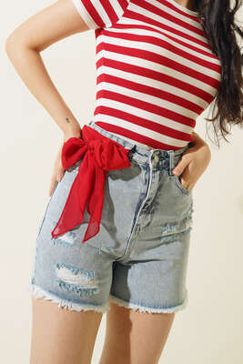 Lazer Kesim Sökük Jean Şort Kot Mavisi - Thumbnail