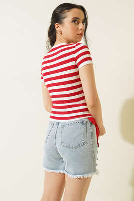 Lazer Kesim Sökük Jean Şort Kot Mavisi - Thumbnail