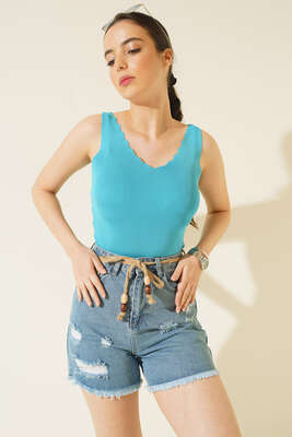 Lazer Kesim Sökük Jean Şort Kot - Thumbnail