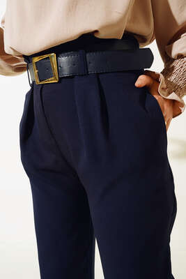 Pile Detaylı Kemerli Cepli Pantolon Lacivert - Thumbnail