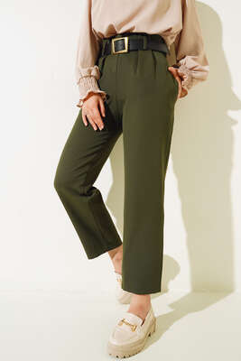 Pile Detaylı Kemerli Cepli Pantolon Haki - Thumbnail