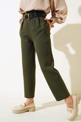 Pile Detaylı Kemerli Cepli Pantolon Haki - Thumbnail