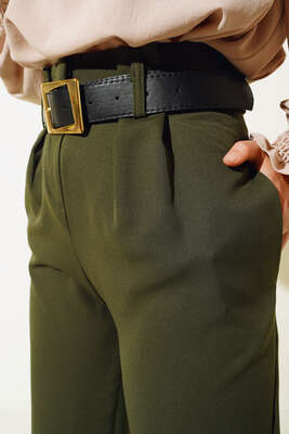 Pile Detaylı Kemerli Cepli Pantolon Haki - Thumbnail
