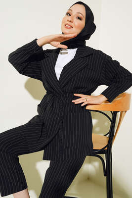 İki Cepli Bel İpli Çizgili İkili Takım Siyah - Thumbnail