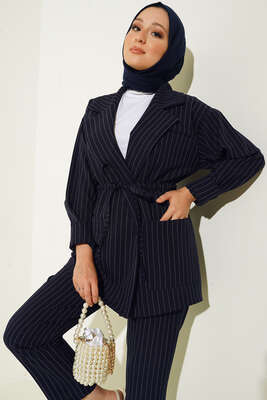 İki Cepli Bel İpli Çizgili İkili Takım Lacivert - Thumbnail