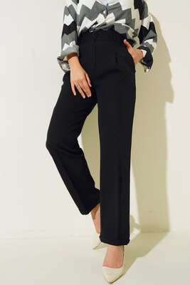 Pazarium - Yan Cep Pile Detaylı Duble Paça Pantolon Siyah