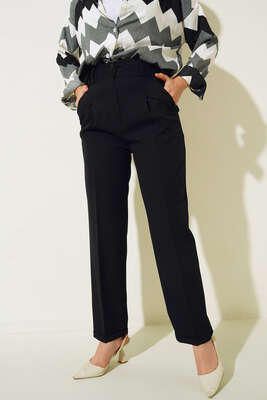 Yan Cep Pile Detaylı Duble Paça Pantolon Siyah - Thumbnail