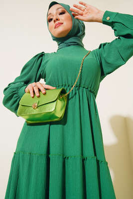 Bel Lastikli Kat Kat Lola Elbise Yeşil - Thumbnail