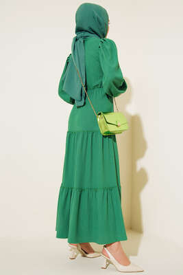 Bel Lastikli Kat Kat Lola Elbise Yeşil - Thumbnail