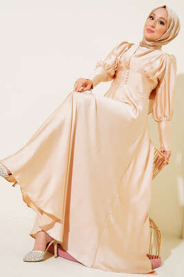 Pazarium - Düğme Detaylı Bileği Fermuarlı Elbise Bej