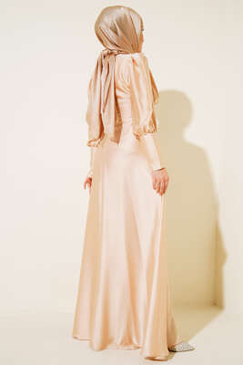 Düğme Detaylı Bileği Fermuarlı Elbise Bej - Thumbnail