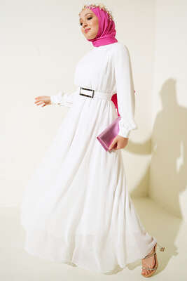 Pazarium - Ayna Kemerli Şifon Elbise Ekru