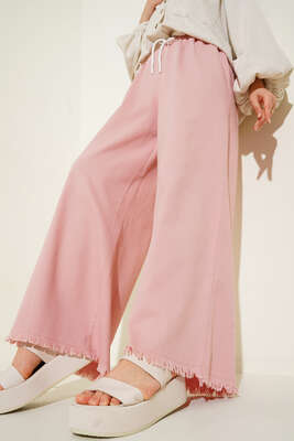 Beli İp Bağlamalı Paçası Yırtık Detaylı Pantolon Pudra - Thumbnail