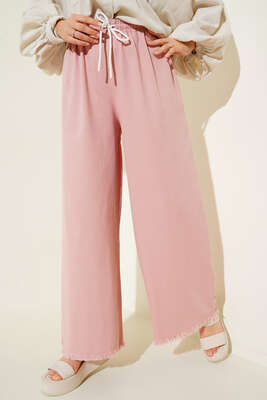 Beli İp Bağlamalı Paçası Yırtık Detaylı Pantolon Pudra - Thumbnail