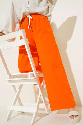 Beli İp Bağlamalı Paçası Yırtık Detaylı Pantolon Oranj - Thumbnail