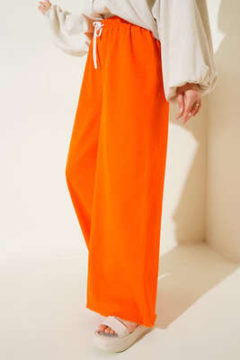 Beli İp Bağlamalı Paçası Yırtık Detaylı Pantolon Oranj - Thumbnail