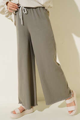 Beli İp Bağlamalı Paçası Yırtık Detaylı Pantolon Taş - Thumbnail