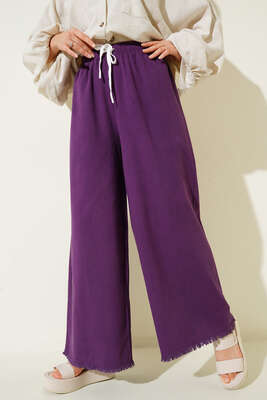 Beli İp Bağlamalı Paçası Yırtık Detaylı Pantolon Mor - Thumbnail