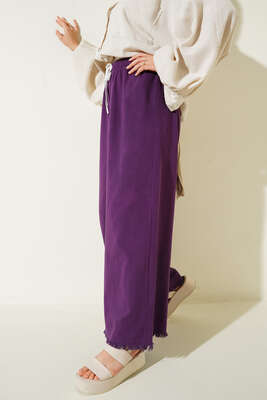 Beli İp Bağlamalı Paçası Yırtık Detaylı Pantolon Mor - Thumbnail