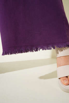 Beli İp Bağlamalı Paçası Yırtık Detaylı Pantolon Mor - Thumbnail