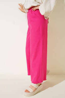 Beli İp Bağlamalı Paçası Yırtık Detaylı Pantolon Fusya - Thumbnail