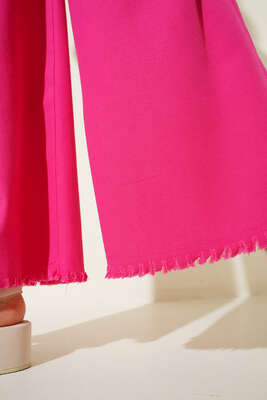 Beli İp Bağlamalı Paçası Yırtık Detaylı Pantolon Fusya - Thumbnail