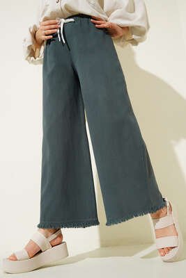 Beli İp Bağlamalı Paçası Yırtık Detaylı Pantolon Füme - Thumbnail