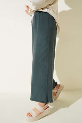 Beli İp Bağlamalı Paçası Yırtık Detaylı Pantolon Füme - Thumbnail