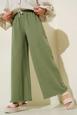 Beli İp Bağlamalı Paçası Yırtık Detaylı Pantolon Çağla Yeşili - Thumbnail